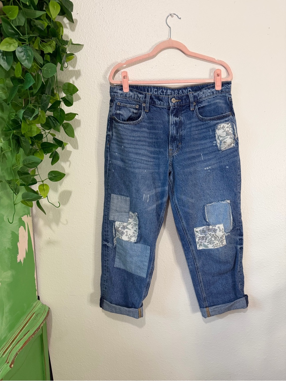 Lucky Brand Legend Boy Mid Rise Relaxed Straight Patchwork Jeans 10 Floral Boho
